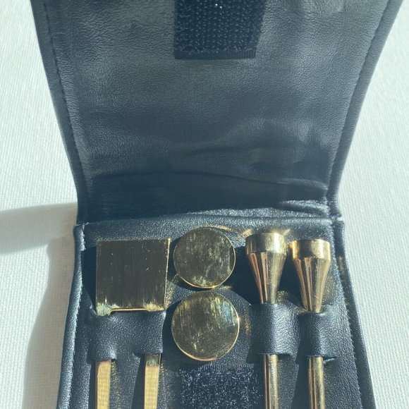 Vintage Brass Gold Metal Plated Divot Repair Golf Tee Marker Set Leather Pouch - Picture 3 of 9